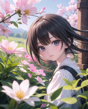 (masterpiece), 1girl, spring, flowers, petals, windy