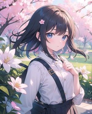 (masterpiece), 1girl, spring, flowers, petals, windy