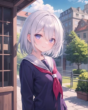 (masterpiece), 1girl, blue purple eyes, (silver hair, white hair), medium hair, medium breasts, (bangs:0.7), (shy:0.8), (smile:0.8), (hair_over_one_eye), (puffy_nipple:0.8), school uniform, scenery, 