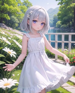 (masterpiece), 1girl, silver hair, medium hair, blue purple eyes, white dress, spring, flowers, petals, windy