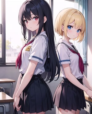 (masterpiece), 2girls, short hair, (long hair:1.1), black hair, blond hair, (red eyes:1.1), blue eyes, school uniform