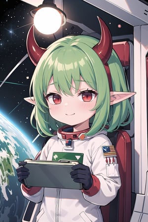 godoacrime, 1girl, among us, green astronaut suit, green hair, red eyes, helmet, transparent helmet, holding bloody knife, in space ship, elf ears, red horns, chibi,IncrsAnyasHehFaceMeme,IncrsDisasterGirlMeme