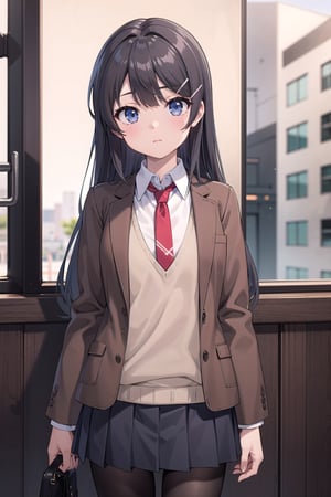 (masterpiece), best quality, high resolution, highly detailed, detailed background, perfect lighting, 1girl, long hair, black hair, blue eyes, red necktie, school uniform, brown jacket, open jacket, (brown blazer:1.2), long sleeves, sweater vest, grey pleated skirt, black pantyhose, hair ornament, hair clip, sakurajima mai, ph mai