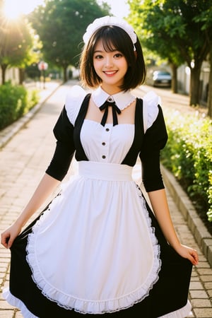 masterpiece, realistic, photo \(medium\), outdoors, sunlight, 1girl, smile, solo, medium hair, black hair, looking at viewer, maid, frilled dress