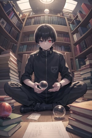 (masterpiece, picture-perfect:1.2), light rays, light particles, indoors, library, bookshelf, book, book stack, too many books, ladder, globe, orb, (crystal ball:1.2),(ghoul:1.2), sitting, black hair, red eyes, glowing eyes, kaneki ken, tokyo ghoul, fisheye