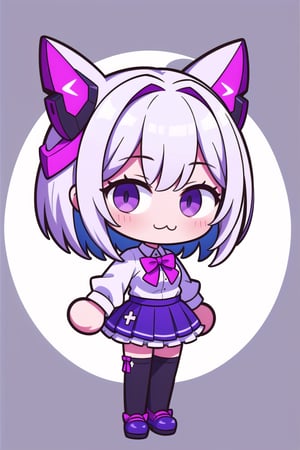 (masterpiece), (masterpiece), 1girl, silver hair color, medium hair, multicolored hair, purple eyes, medium breasts, mecha headgear, white shirt, translucent, miniskirt, lace, lace rims, frilled skirt, purple bowtie, zettai ryouiki, black thighhigh, narrow eyes, tilt head, full body, chibi, :3, Neco Arc