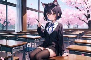 (masterpiece), 1girl, black hair, yellow eyes, short hair, (sidelocks), cat_ears, medium breasts, (bangs:0.7), shy, (smile), blush, embarrassed, frills, indoors, flowers, (petals:1.2), sakura, (cherry_blossoms), scenery, classroom, sitting, (crowd:1.4) , (white shirt) , short_sleeves, black skirt, black thighhighs, (black cardigan) , blue ribbon, studying, writing, test, exam, classroom