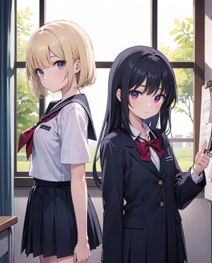 (masterpiece), 2girls, short hair, (long hair:1.1), black hair, blond hair, (red eyes:1.1), blue eyes, school uniform