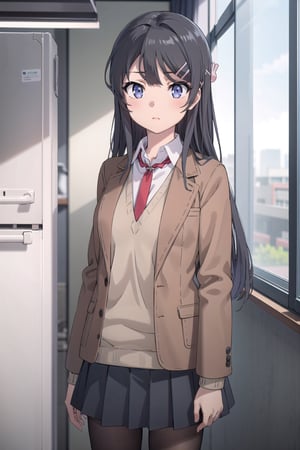 (masterpiece), best quality, high resolution, highly detailed, detailed background, perfect lighting, 1girl, long hair, black hair, blue eyes, red necktie between breasts, school uniform, brown jacket, open jacket, (brown blazer:1.2), long sleeves, sweater vest, grey pleated skirt, black pantyhose, hair ornament, hair clip, sakurajima mai, ph mai