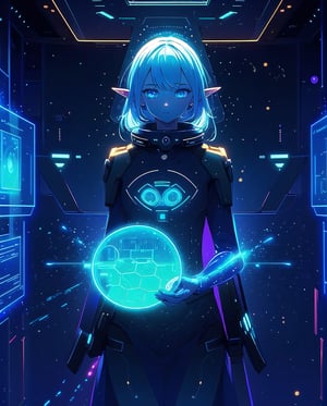 (masterpiece), (1girl), elf, space, spaceship interior, science fiction, aura, fire, blue light, light particles, (holographic interface:1.2), cowboy_shot