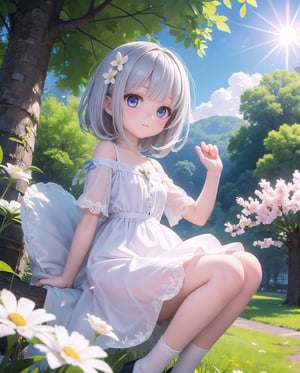 (masterpiece), 1girl, silver hair, medium hair, blue purple eyes, white dress, spring, flowers, petals, windy, skirt lift, lensflare