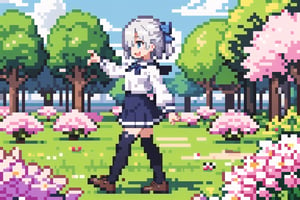 (masterpiece), 1girl, silver hair , blue purple eyes, medium hair, medium breasts, (bangs:0.7), smile, open mouth, (hair_over_one_eye:1.2), clothing_cutout, thighhighs, white_shirt, skirt, school_uniform, park, hairbow, windy, (flower_petals), sakura, cherry_blossom, windy, scenery, nature, summer, (pixel_art, pixel:1.4), game, full_body, side_view