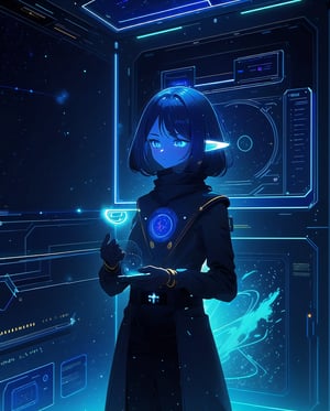 (masterpiece), (1girl), elf, space, spaceship interior, science fiction, aura, fire, blue light, light particles, (holographic interface:1.2), cowboy_shot