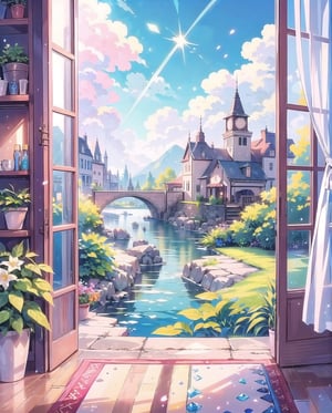 (masterpiece), 1girls, indoor, nature, window, sky, cloudy, colors, soft, cute, style, scenery, watercolor, vibrant, colorful, nature, fantasy, crystral
