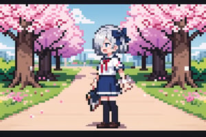 (masterpiece), 1girl, silver hair , blue purple eyes, medium hair, medium breasts, (bangs:0.7), smile, open mouth, (hair_over_one_eye:1.2), clothing_cutout, thighhighs, white_shirt, skirt, school_uniform, park, hairbow, windy, (flower_petals), sakura, cherry_blossom, windy, scenery, nature, summer, (pixel_art, pixel:1.4), game, full_body, side_view