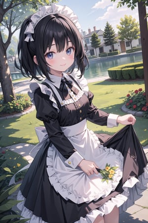 (masterpiece), outdoors, sunlight, 1girl, smile, solo, medium hair, black hair, looking at viewer, maid, frilled dress