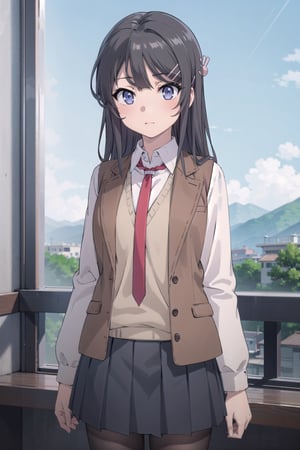 (masterpiece), best quality, high resolution, highly detailed, detailed background, perfect lighting, 1girl, long hair, black hair, blue eyes, red necktie between breasts, school uniform, brown jacket, open jacket, (brown blazer:1.2), long sleeves, sweater vest, grey pleated skirt, black pantyhose, hair ornament, hair clip, sakurajima mai, ph mai