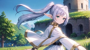 (masterpiece), best quality, high resolution, highly detailed, detailed background, cinematic light, fantasy, 1girl, frieren, elf,  twintails,  pointy ears,  green eyes, silver hair, white capelet,  long sleeves,  white dress