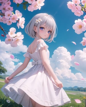 (masterpiece), 1girl, silver hair, medium hair, blue purple eyes, white dress, spring, flowers, petals, windy