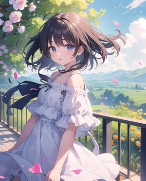 (masterpiece), 1girl, spring, flowers, petals, windy