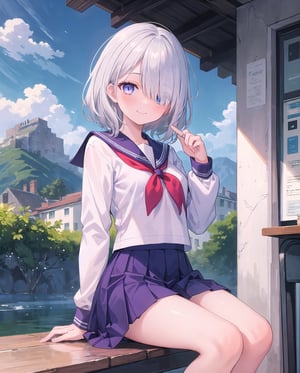 (masterpiece), 1girl, blue purple eyes, (silver hair, white hair), medium hair, medium breasts, (bangs:0.7), (shy:0.8), (smile:0.8), (hair_over_one_eye), (puffy_nipple:0.8), school uniform, scenery, 