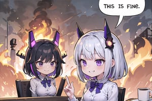 (masterpiece), highly detailed, high quality, perfect lighting, beautiful, 2girls, black hair, silver hair color, medium hair, multicolored hair, purple eyes, medium breasts, mecha headgear, violet clothes, white shirt, lace, lace rims, purple bowtie, (evil smile), fire, burning, outdoor, DisasterGirlMeme, IncrsDisasterGirlMeme,IncrsDisasterGirlMeme,IncrsThisIsFineMeme