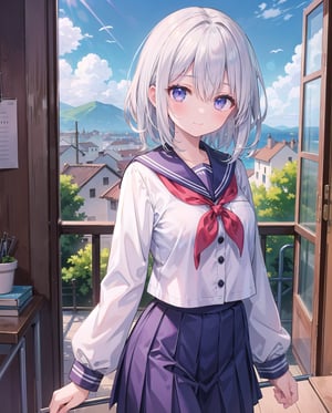 (masterpiece), 1girl, blue purple eyes, (silver hair, white hair), medium hair, medium breasts, (bangs:0.7), (shy:0.8), (smile:0.8), (hair_over_one_eye), (puffy_nipple:0.8), school uniform, scenery, 