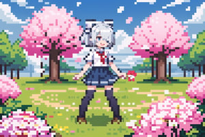 (masterpiece), 1girl, silver hair , blue purple eyes, medium hair, medium breasts, (bangs:0.7), smile, open mouth, (hair_over_one_eye:1.2), clothing_cutout, thighhighs, white_shirt, skirt, school_uniform, park, hairbow, windy, (flower_petals), sakura, cherry_blossom, windy, scenery, nature, summer, (pixel_art, pixel:1.4), game, full_body, side_view