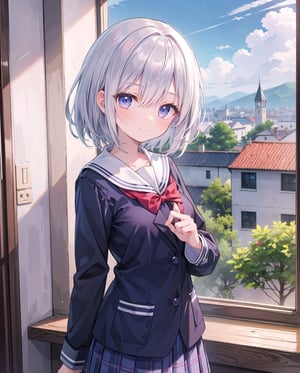 (masterpiece), 1girl, blue purple eyes, (silver hair, white hair), medium hair, medium breasts, (bangs:0.7), (shy:0.8), (smile:0.8), (hair_over_one_eye), (puffy_nipple:0.8), school uniform, scenery, 