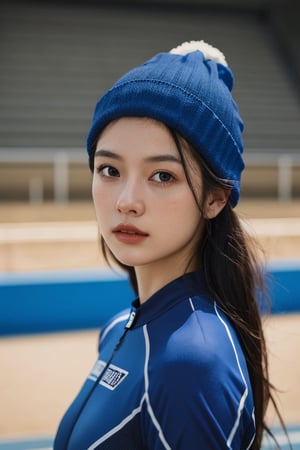portrait of 1girl, fluffy long hair, soft light, rim light, beautiful shadow, low key, (photorealistic, raw photo:1.2), (natural skin texture, realistic eye and face details), hyperrealism, ultra high res, 4K, Best quality, masterpiece, ((BLUE RACING SUIT)), ((Race track background)), beanie_hat