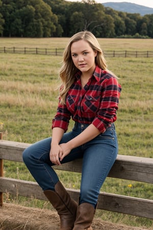 Alexis Texas facing Camera, wearing black denims, standing up facing the camera, cowboy boots,Red checkered shirt, beside a field, perfect face,detailed realistic fingers, sitting on a Fence
