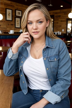 Alexis Texas in a cafe, wearing Jeans and Jacket and t-shirt, sitting at a small table, perfect face,detailed realistic fingers,