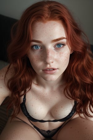 photography of a 20yo woman red haired, realistic face, detailed eyes, realistic eyes,Freckles, masterpiece, bra, underwear, black_bra, black_panties
,realism,realistic,raw,analog,woman,portrait, legs apart, pubic_hair_(female)