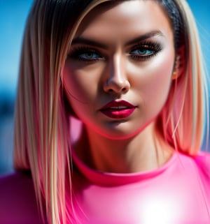 Masterpiece, best quality, 1 Girl (Colourful),( finely detailed beautiful eyes and detailed face with Pink Hair), Cinematic lighting, bust shot, groin and hips, full_body, Extrememly detailed CG unity, 8k wallpaper, Portrait, Photograph, delicate features, blue-green eyes, natural long hair, Tight Blue Top, Photography studio Background,