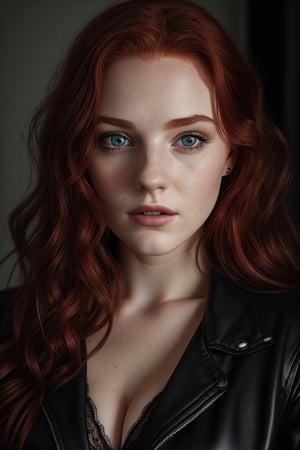 photography of a 20yo woman red haired, realistic face, detailed eyes, masterpiece, bra, underwear, black_bra, jacket, black_panties
,realism,realistic,raw,analog,woman,portrait