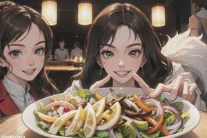 Anne Hathaway , smile face, eat Thai salad, Som Tum