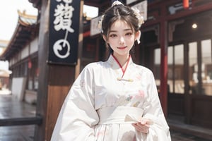Angela Baby, a 18 years old woman, Chinese Actress, Chinese Traditional Costumes, Chainese Hair Style, blond_hair, smiled face, holding a box, (hi-top fade:1.3), white theme, soothing tones, muted colors, high contrast, (natural skin texture, hyperrealism, soft light, sharp), wide shot