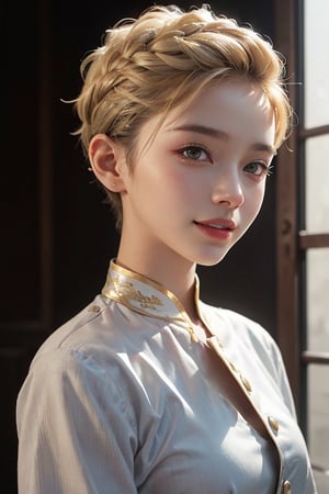 a 18 years old woman, blonde, smiled face, Thai traditional dress, (hi-top fade:1.3), dark theme, soothing tones, muted colors, high contrast, (natural skin texture, hyperrealism, soft light, sharp), medium shot