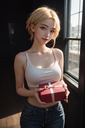 a 18 years old woman, long blonde, smiled face, show one hand holding a gift box, (hi-top fade:1.3), dark theme, soothing tones, muted colors, high contrast, (natural skin texture, hyperrealism, soft light, sharp), medium shot
