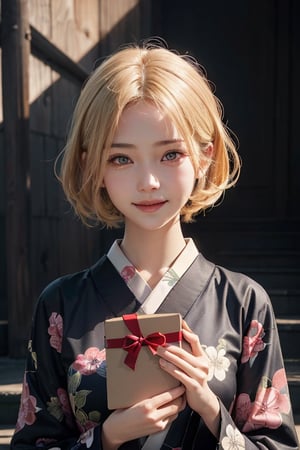 a 18 years old woman, alan walker style, long blonde hairs, smiled face, Kimono japanese dress, holding a box of mask, (hi-top fade:1.3), dark theme, soothing tones, muted colors, high contrast, (natural skin texture, hyperrealism, soft light, sharp), wide shot