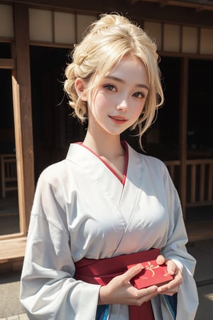 a 18 years old woman, alan walker style, long blonde hairs, smiled face, Kimono japanese dress, holding a box, (hi-top fade:1.3), white theme, soothing tones, muted colors, high contrast, (natural skin texture, hyperrealism, soft light, sharp), wide shot