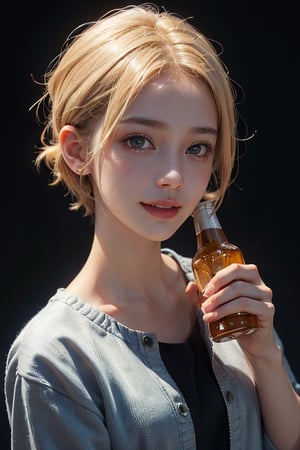 a 18 years old woman, blonde, smiled face, show one hand holding a bottle, (hi-top fade:1.3), dark theme, soothing tones, muted colors, high contrast, (natural skin texture, hyperrealism, soft light, sharp), medium shot
