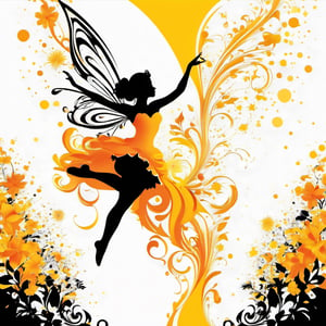 vector Silhouette illustration art, a pixie fairy splashing and dancing in air,  liquid ink, [white : yellow: orange : black] , calligraphic, arabesque, modern Minimalist painting, 2D,  glossy, highly detailed, high contrast, vibrant , 32K,  centered, bright, clear, sharp, ethereal, ultra hd, Sparkling, denoise, digital art by Jan Tengnagel, pixabay contest winner, neo-romanticism, digital illustration, rococo, feminin