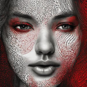 Fingerprints art,  Ink , [red : white : black ]  , delicate fingerprints patterns creating a beautiful female  face , centered, 16k resolution , HQ , fine  detailed, insanely detailed, hyper realistic, trending on cgsociet