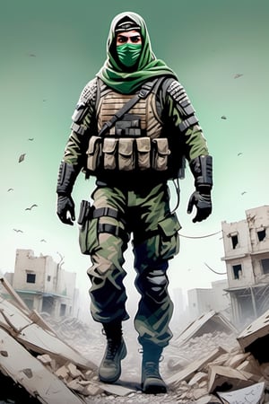 A full body portrait  drawing of a Palestinian superhero wearing Keffiyeh ,  face covered, green camouflage tactical suite , standing among rubbles , centered,  perspective,Leonardo style ,stalker