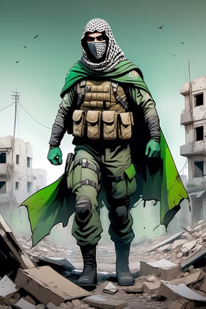 A full body portrait  drawing of a Palestinian superhero wearing Keffiyeh ,  face covered, green camouflage tactical suite , standing among rubbles , centered,  perspective,Leonardo style ,stalker