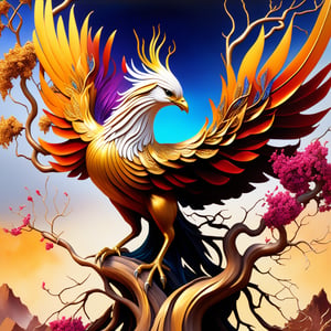 Hyper realistic portrayal of rebirth from ashes, a gold feathered phoenix emerges in full detail from ashes stirring ancient dust, gnarly vines enwind  leafless limbs of barren tree gradually taking form and blossoming into vibrant colors signifying flourishing renewal signifying fresh start after destruction.  