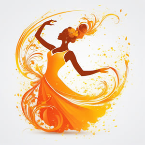 vector Silhouette illustration art, a beautiful female dancer  , splashing  , liquid ink, [white : yellow: orange] , calligraphic, arabesque, modern Minimalist painting, 2D,  glossy, intricate, highly detailed, high contrast, vibrant , 32K,  centered, bright, clear, sharp, ethereal, ultra hd, Sparkling, denoise,  pixabay ,  digital illustration, rococo, feminin