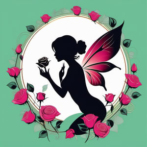 A 2D Minimalist illustration, vector art, Silhouette art  painting , a pixie fairy sprouting out a rose bud, ink, calligraphic, glossy, highly detailed, high contrast, vibrant , 32K,  centered, symmetry , bright, clear, sharp, ethereal, feminin
