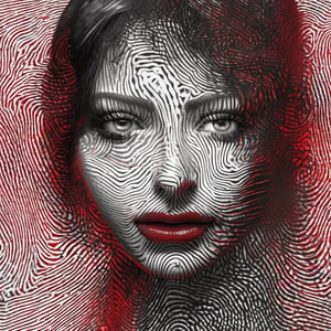 Fingerprints art,  Ink , [red : white : black ]  , delicate fingerprints patterns creating a beautiful female  face , centered, 16k resolution , HQ , fine  detailed, insanely detailed, hyper realistic, trending on cgsociet